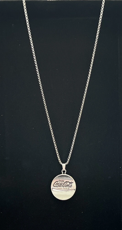Silver Tone Drink Coca-Cola Bottle Cap on 23” Chain Pendant Necklace