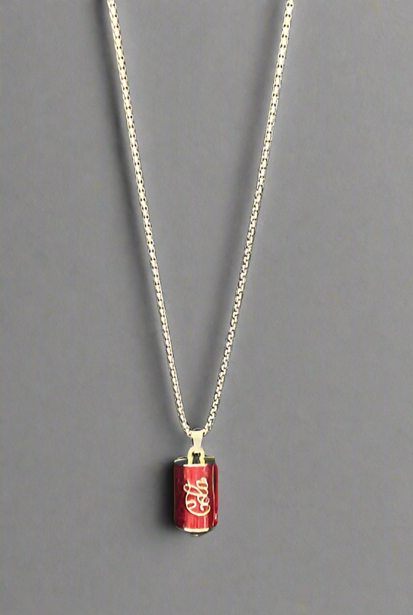 Silver Tone Red 3D Enamel Cola Can Pendant 23” Chain Necklace