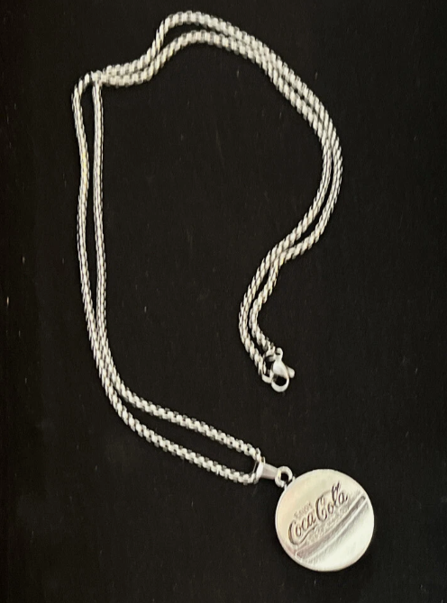 Silver Tone Drink Coca-Cola Bottle Cap on 23”  Chain Pendant Necklace