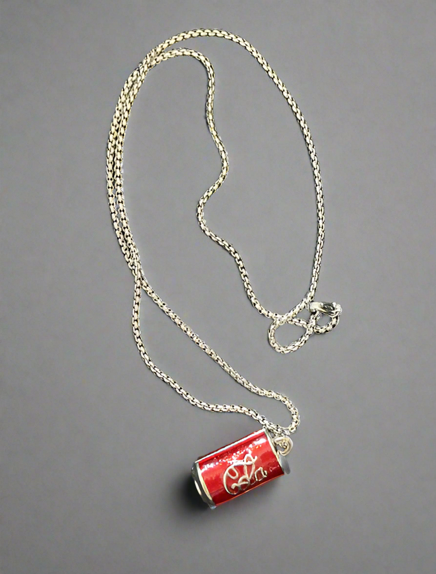 Silver Tone Red 3D Enamel Cola Can Pendant  23” Chain Necklace