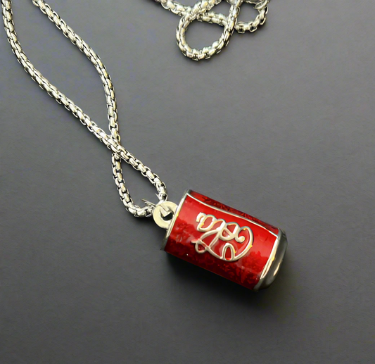 Silver Tone Red 3D Enamel Cola Can Pendant  23” Chain Necklace